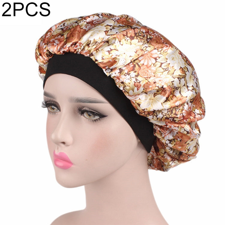 2 PCS Women Satin Night Sleep Cap Hair Bonnet Hat Silk Head Cover Wide Elastic Band