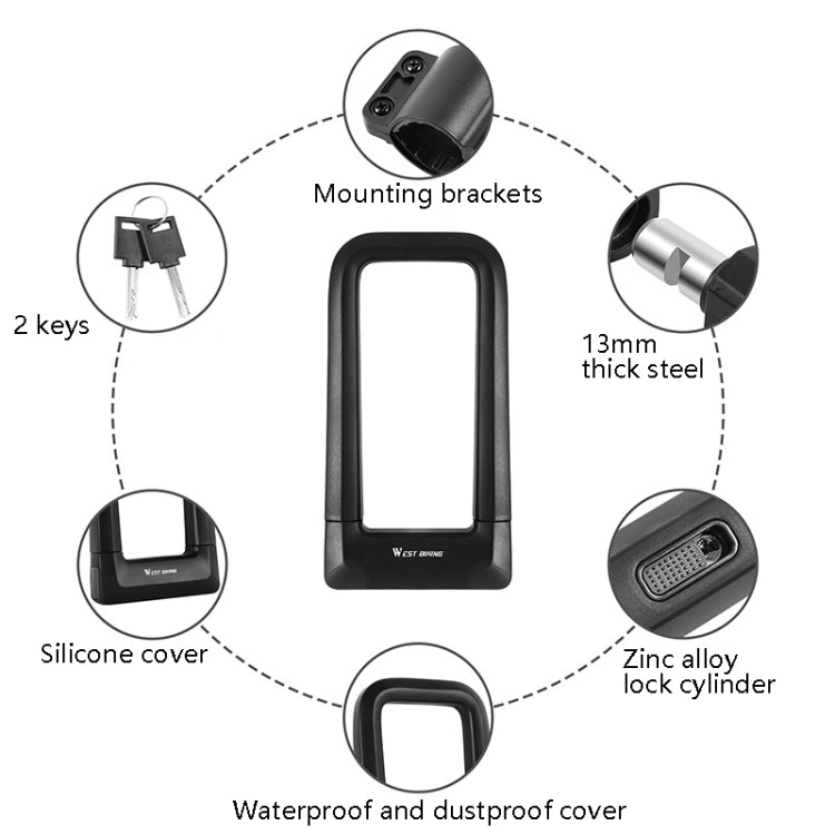 West Biking Silicone U-Shaped Lock Bicycle Lock Universal Waterproof Anti-Collision Alloy Key Lock
