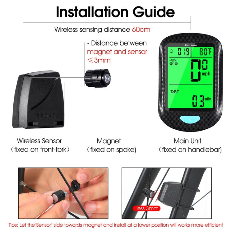 WEST BIKING Mountain Road Bike Wireless Code Meter Multi-Function Interface Riding Speedometer