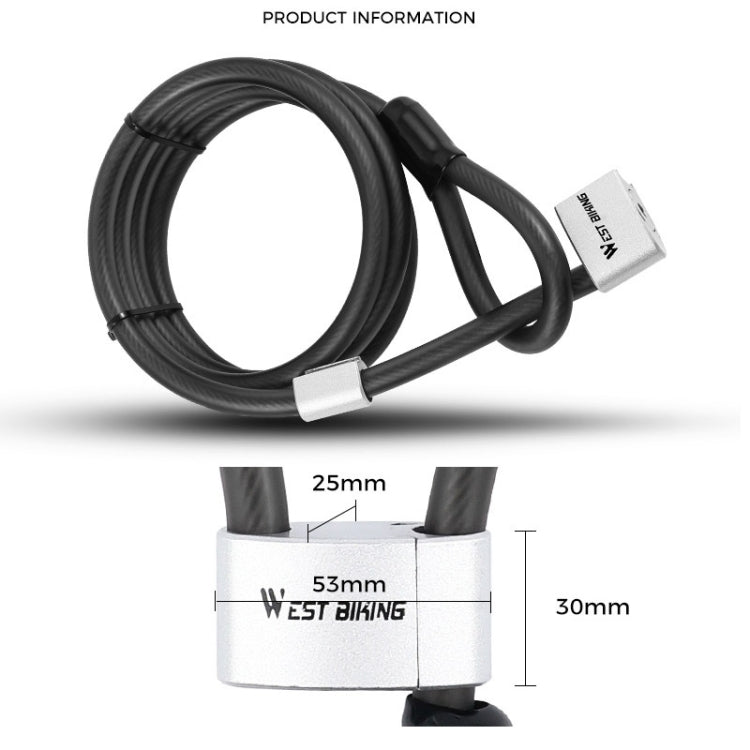WEST BIKING YP0705066 Lengthen Steel Cable Lock Motorcycle Mountain Bike Bicycle Anti-Theft Lock