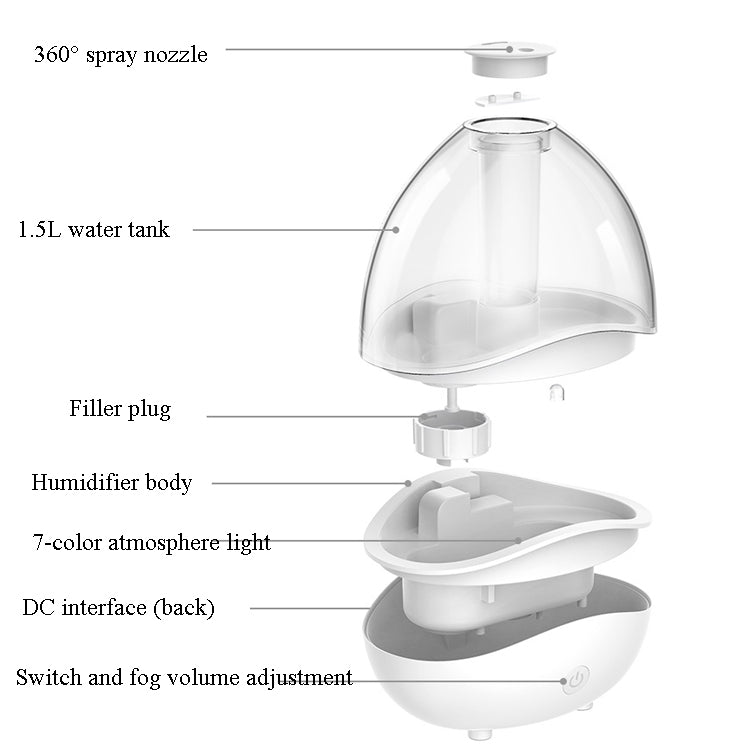K11 1500ml Transparent Humidifier Household Mute Small Air Purifier Large-Capacity Ultrasonic Humidifier, CN Plug
