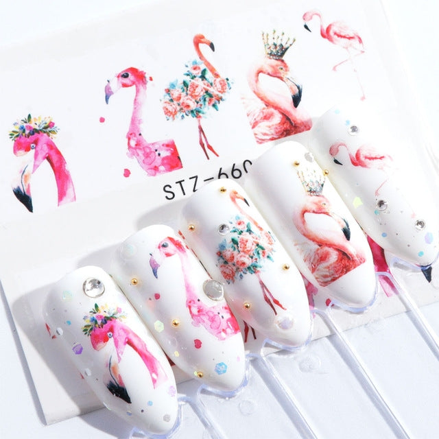 5 PCS Flamingo Nail Stickers Water Decals Cute Animals Rabbit Owl Wraps Flora Watermark Adhesive Decoration Manicure