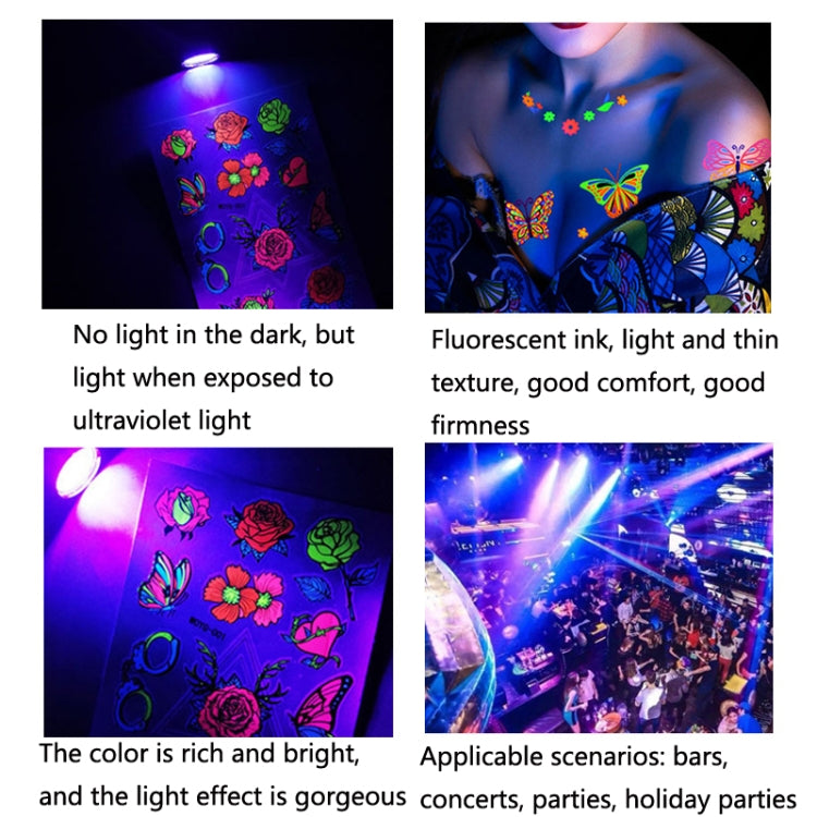 10 PCS Dark Fluorescent Color Changing Animal Luminous Flower Arm Waterproof Adult Tattoo Stickers