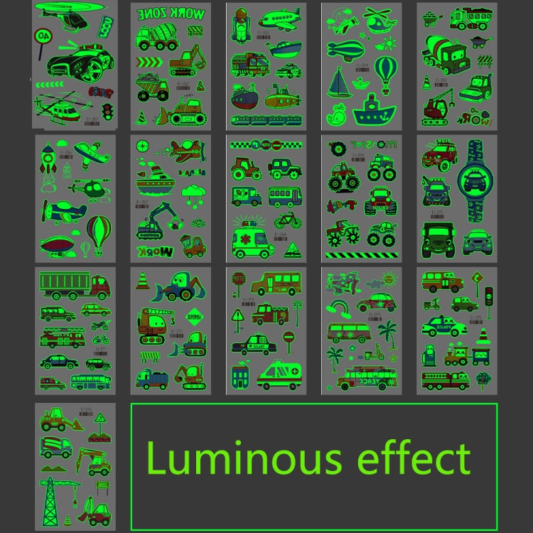 20 PCS Waterproof Children Luminous Cartoon Transport Car Tattoo Sticker