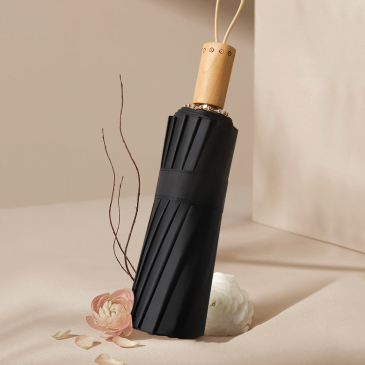 3-fold 16-bone Hand Open Umbrella Retro Wood Handle Black Glue Sunshade Umbrella