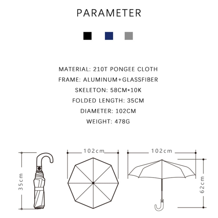 PARACHASE Solid Wood Bending Handle 10 Bone Three Fold Automatic Umbrella