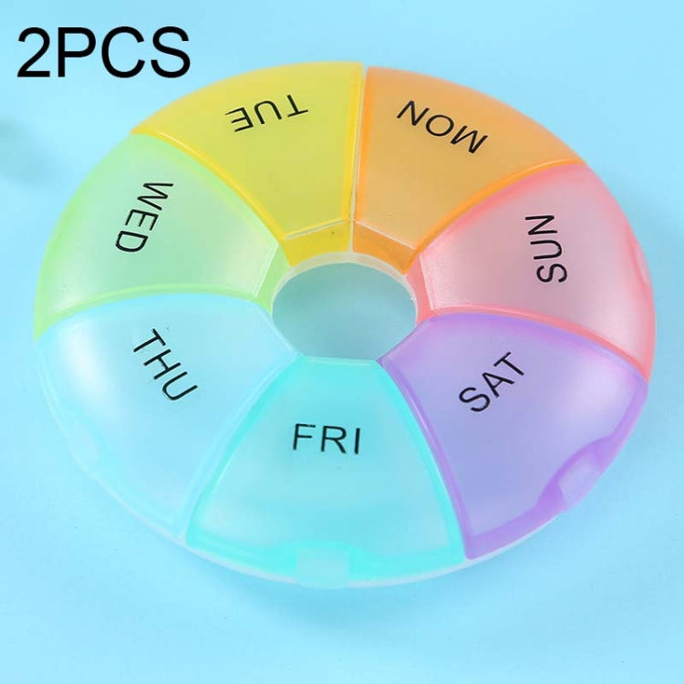 2 PCS Round 7 Days Rainbow Color Portable Pill Box Plastic Seven Grid