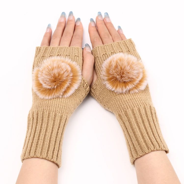 Autumn And Winter Women Fingerless Fur Ball Gloves Knitted Wool Warm Sleeves