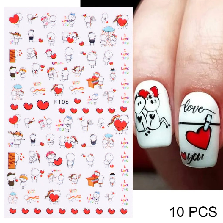 10 PCS Cartoon Heart Letters Comic Character Nail Art Sticker 3D Adhesive Nail Stickers