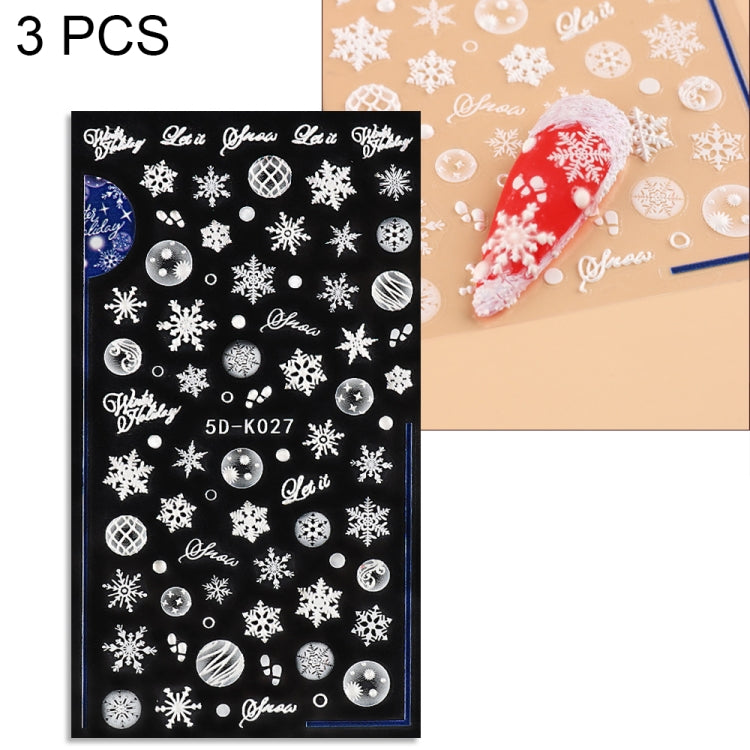 3 PCS 5D Embossed Nail Stickers Christmas Snowflake Elk Nail Stickers
