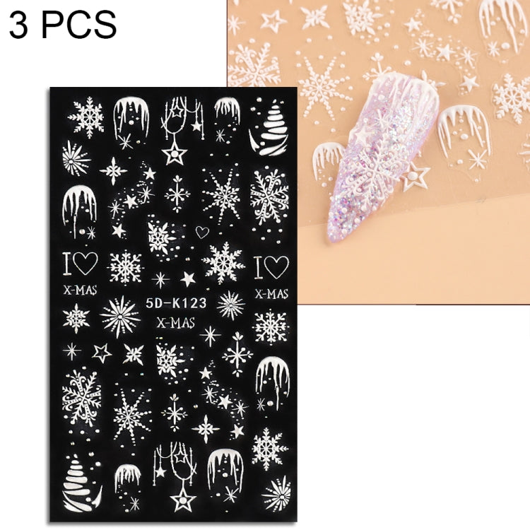 3 PCS 5D Embossed Nail Stickers Christmas Snowflake Elk Nail Stickers