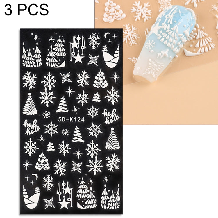 3 PCS 5D Embossed Nail Stickers Christmas Snowflake Elk Nail Stickers