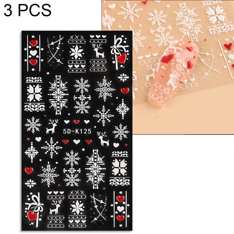 3 PCS 5D Embossed Nail Stickers Christmas Snowflake Elk Nail Stickers