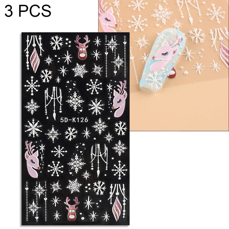 3 PCS 5D Embossed Nail Stickers Christmas Snowflake Elk Nail Stickers