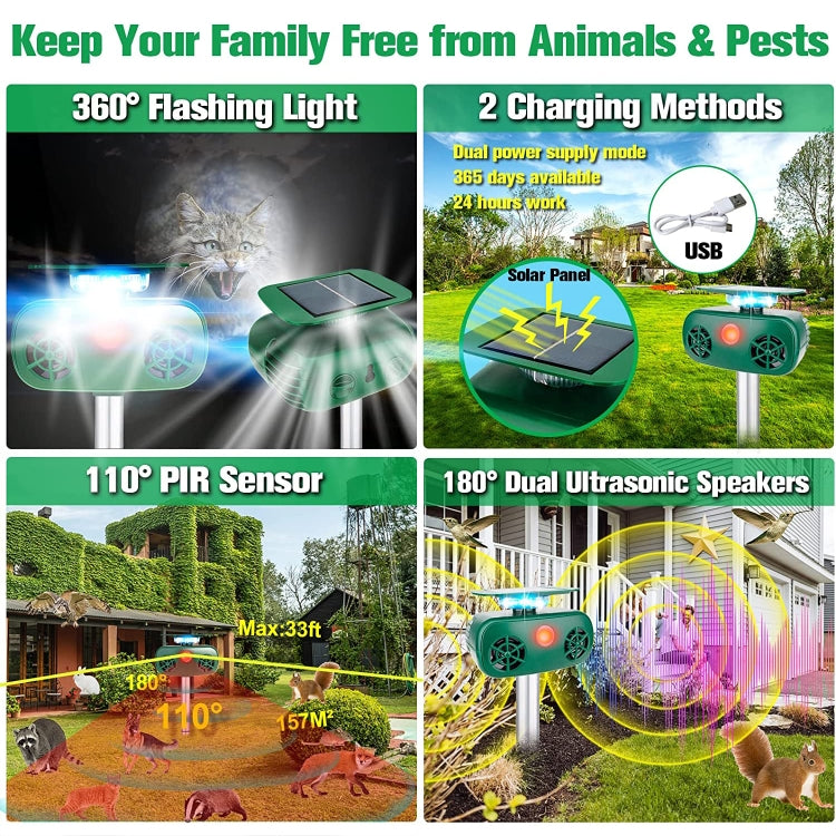 SK628 Solar Powered Animal Repeller 360 Degree Strobe Light Bird Repeller Ultrasonic Rat Repeller