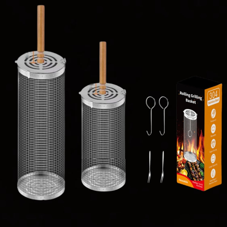 Upgrade Flip-top Lid BBQ Cage Stainless Steel Rolling Grilling Basket With Wooden Handle
