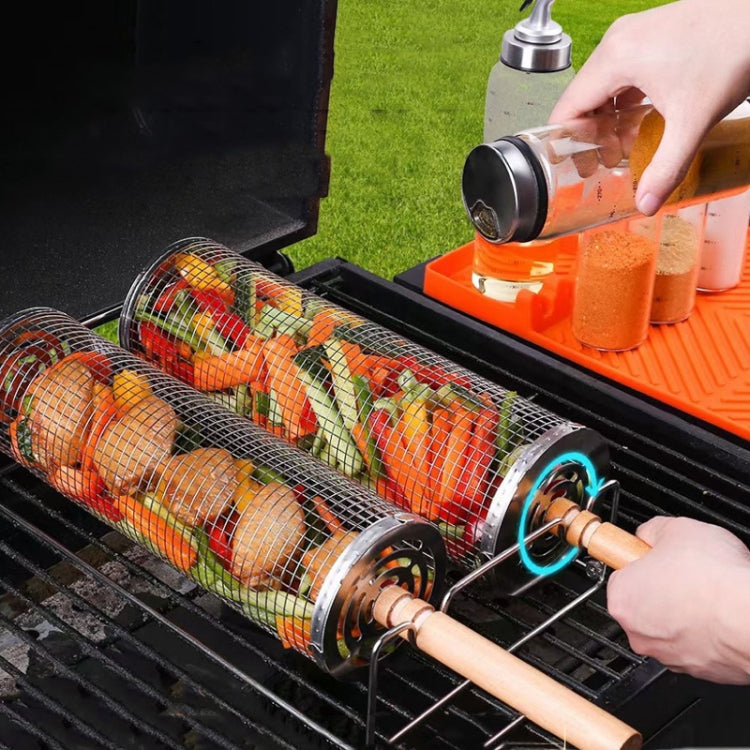 Upgrade Flip-top Lid BBQ Cage Stainless Steel Rolling Grilling Basket With Wooden Handle