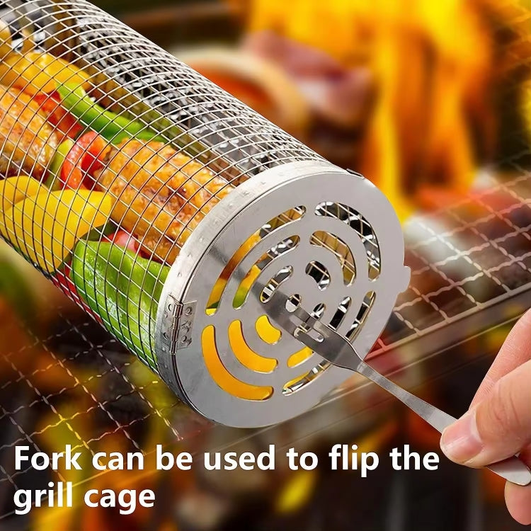 Upgrade Flip-top Lid BBQ Cage Stainless Steel Rolling Grilling Basket With Wooden Handle