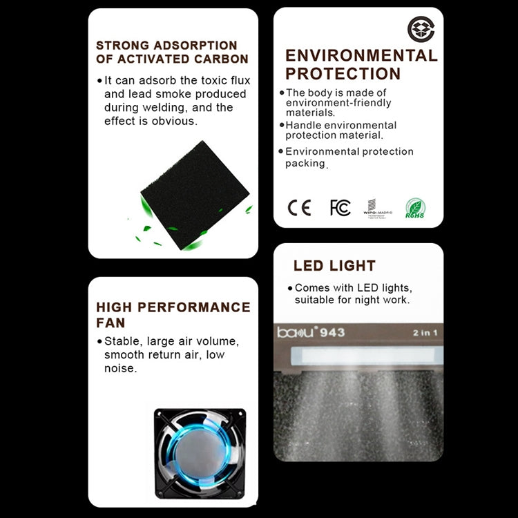 Baku BA-943 Soldering Fume Purifier with LED Light 30W Soldering Iron Welding Fume Exhauster