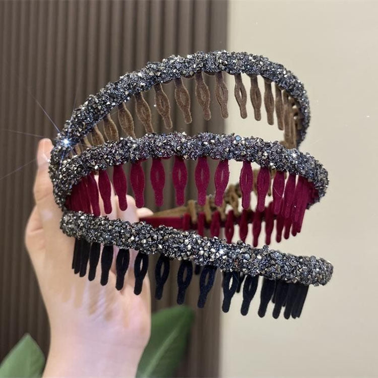 Acrylic Hair Accessories Flocking Cloth Rhinestone Wave Non-Slip Headband With Comb Teeth