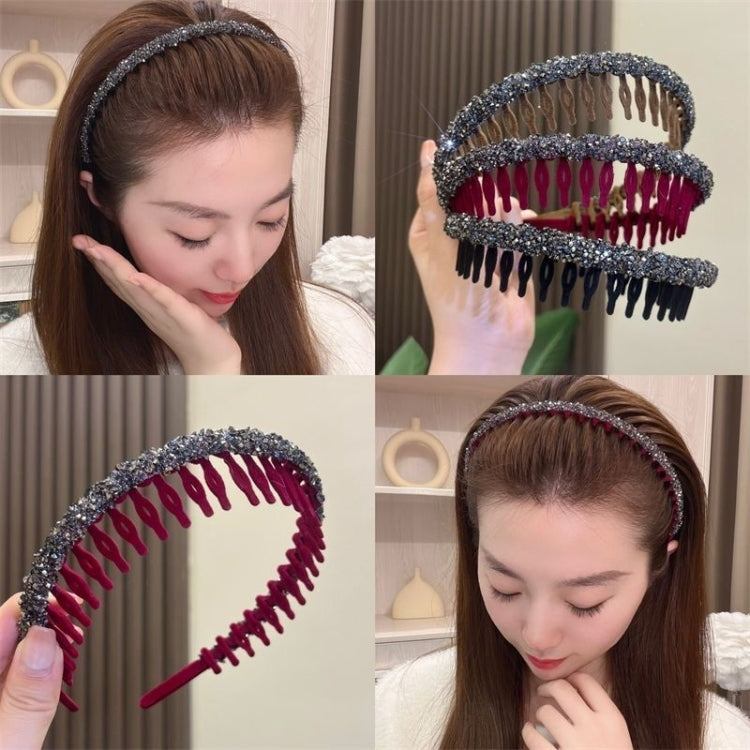 Acrylic Hair Accessories Flocking Cloth Rhinestone Wave Non-Slip Headband With Comb Teeth