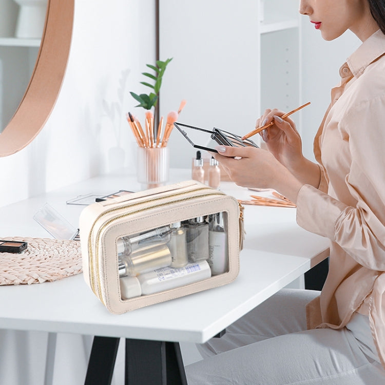 Double Layer PVC Waterproof Travel Cosmetics Storage Pack Large Capacity Wet & Dry Separation Transparent Skylight PU Bag