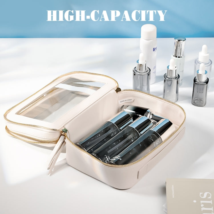 Double Layer PVC Waterproof Travel Cosmetics Storage Pack Large Capacity Wet & Dry Separation Transparent Skylight PU Bag