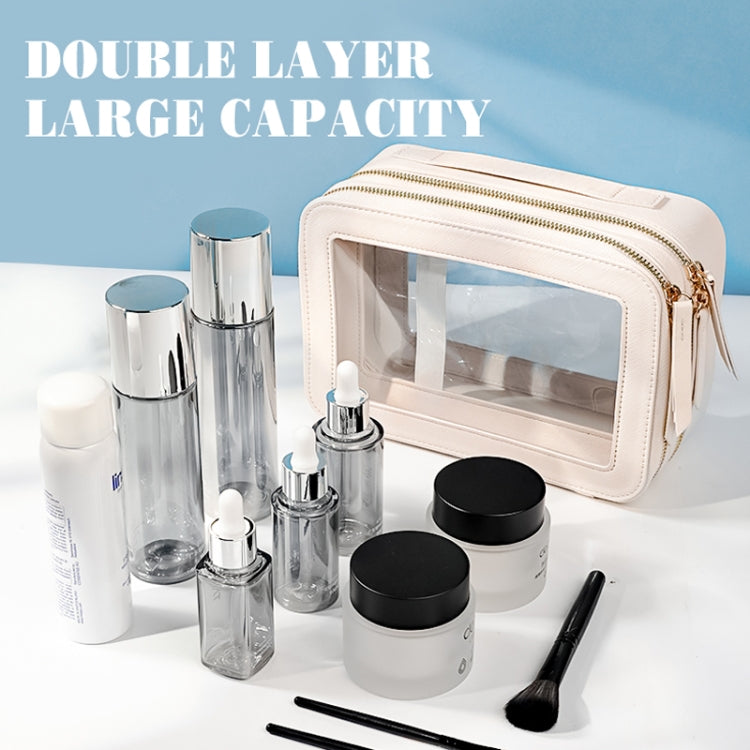 Double Layer PVC Waterproof Travel Cosmetics Storage Pack Large Capacity Wet & Dry Separation Transparent Skylight PU Bag