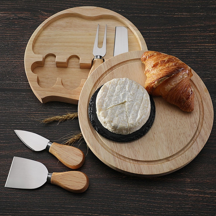 4pcs /Set Round Oak Box Cheese Knife Spatula Stainless Steel Cheese Tools Cutlery