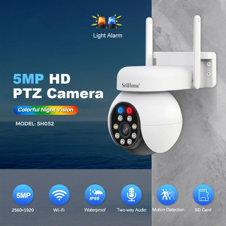 SriHome SH052 Wifi 5MP Wireless PTZ IP AI Auto Tracking Sound&Light Alarm Starlight Color Night Vision Outdoors Surveillance Camera