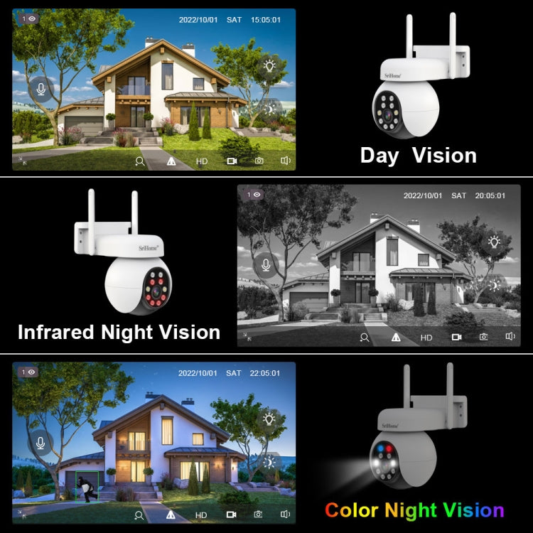 SriHome SH052 Wifi 5MP Wireless PTZ IP AI Auto Tracking Sound&Light Alarm Starlight Color Night Vision Outdoors Surveillance Camera