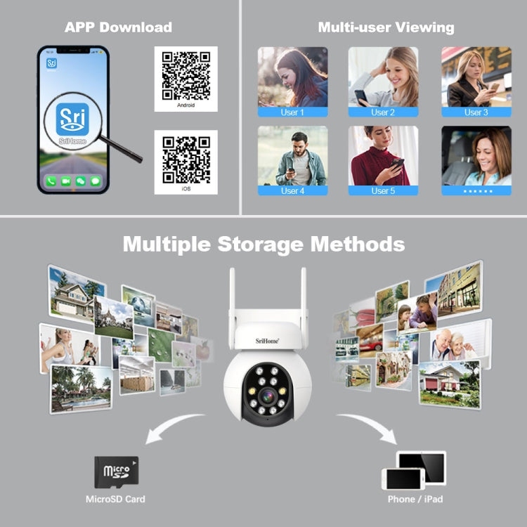 SriHome SH052 Wifi 5MP Wireless PTZ IP AI Auto Tracking Sound&Light Alarm Starlight Color Night Vision Outdoors Surveillance Camera