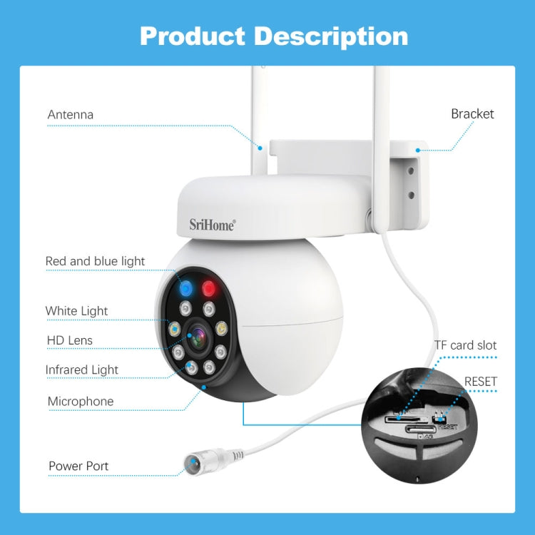 SriHome SH052 Wifi 5MP Wireless PTZ IP AI Auto Tracking Sound&Light Alarm Starlight Color Night Vision Outdoors Surveillance Camera