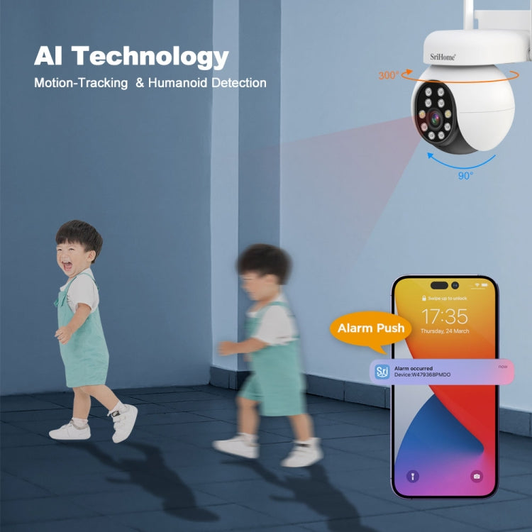 SriHome SH052 Wifi 5MP Wireless PTZ IP AI Auto Tracking Sound&Light Alarm Starlight Color Night Vision Outdoors Surveillance Camera