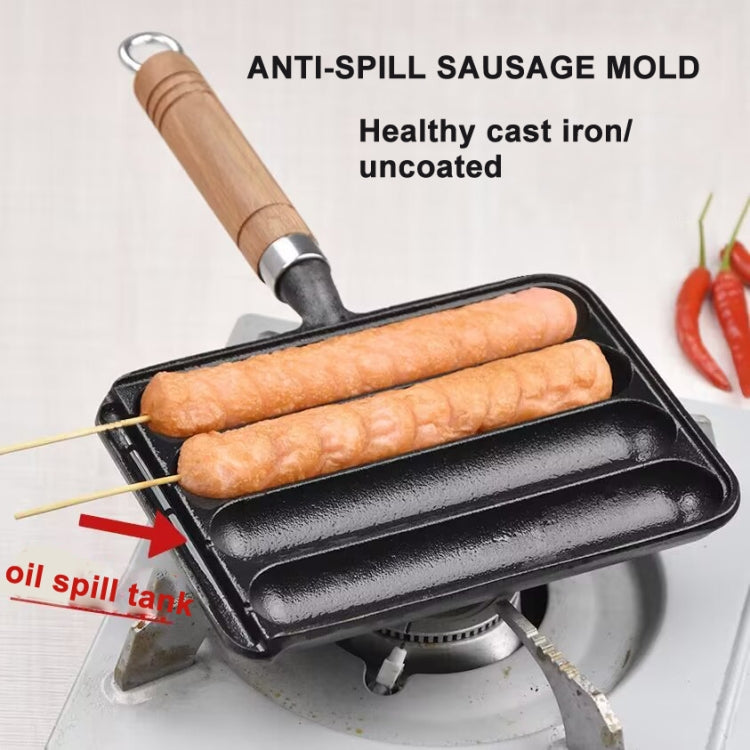 Cast Iron Grill Pan 4-Grid Non-Stick Sausage Grill Pan With Wood Handle