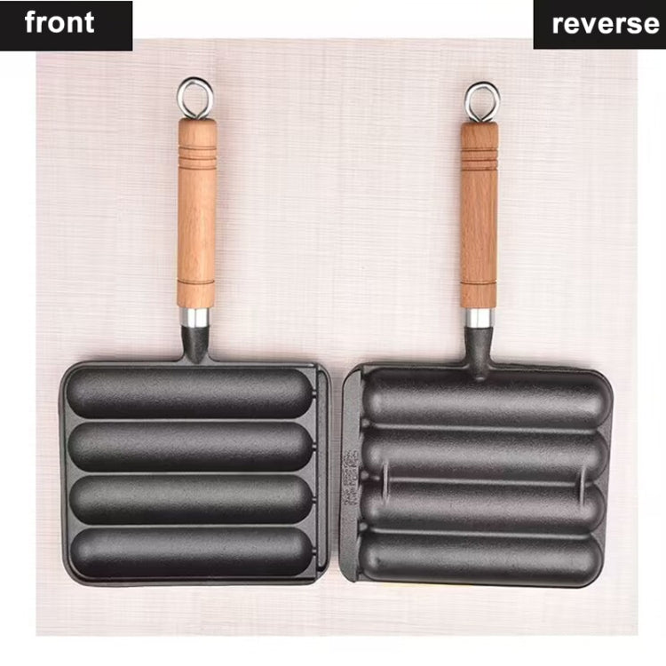 Cast Iron Grill Pan 4-Grid Non-Stick Sausage Grill Pan With Wood Handle