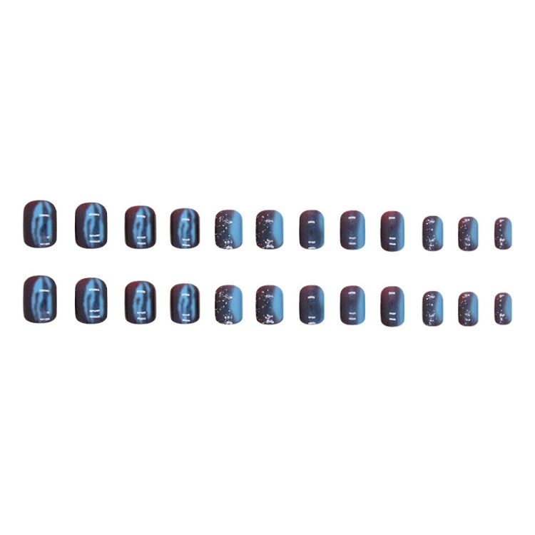 24pcs /Box Short Press On Nails Bling Aurora Nail Galaxy Blue Glitter Fake Nails