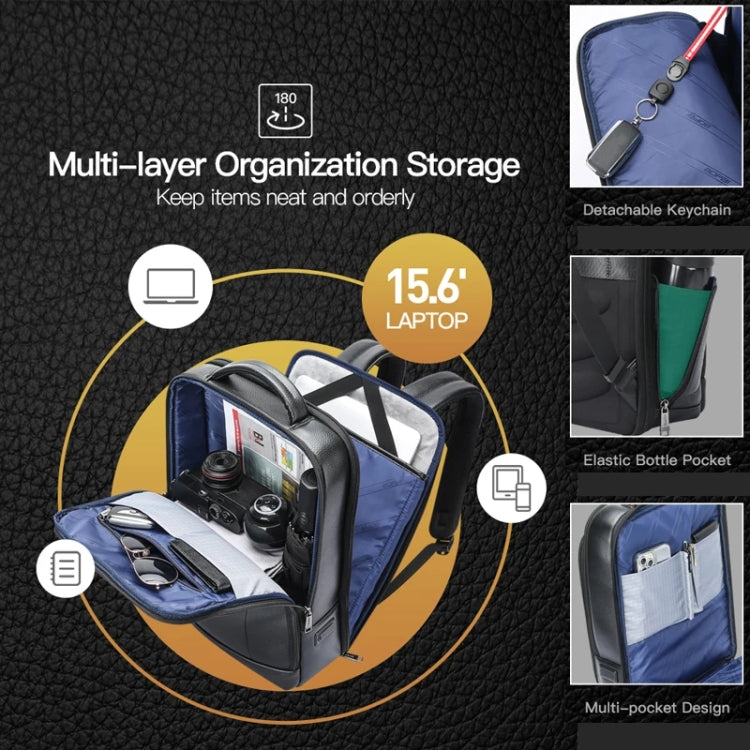 Bopai 61-120761 Large-capacity First-layer Cowhide Business Laptop Backpack With USB+Type-C Port