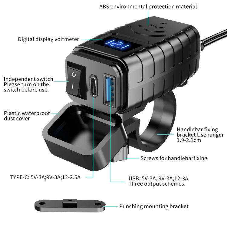 PD3.0 Motorcycle USB Mobile Phone Charger Digital Voltage Meter with Switch