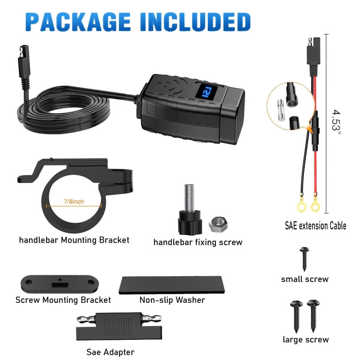 PD3.0 Motorcycle USB Mobile Phone Charger Digital Voltage Meter with Switch