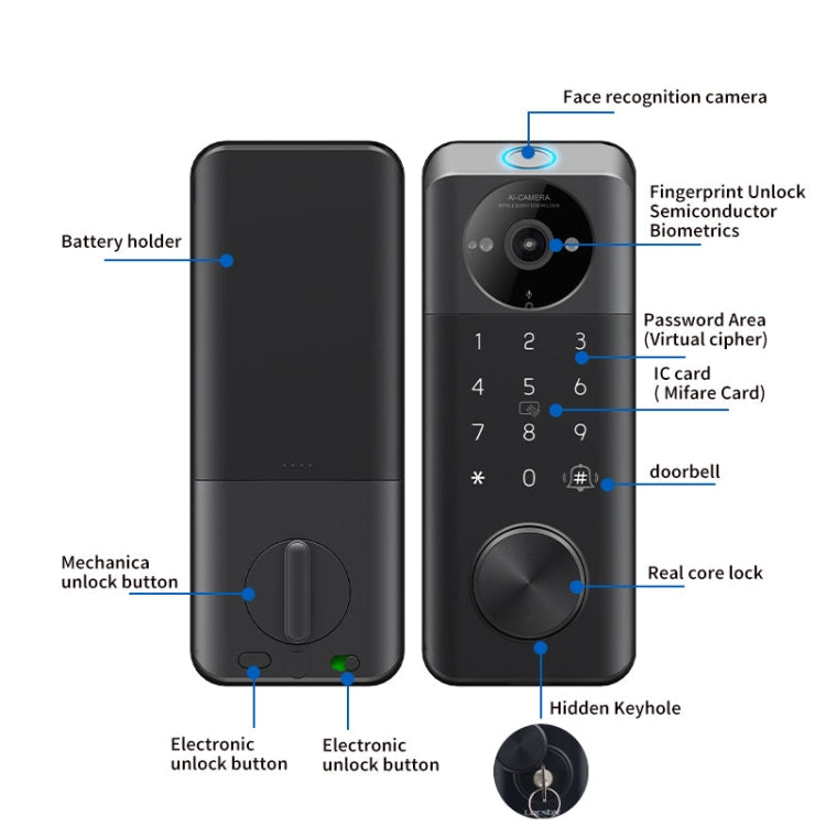 C95 Smart Fingerprint Deadbolt Lock Supports Bluetooth WiFi APP, 5 Ways To Unlock, With Camera Doorbell