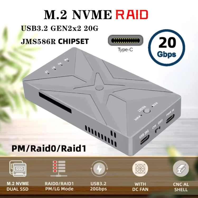 Dual M.2 NVME SSD RAID Array Mobile Hard Drive Enclosure Type-C USB3.2 GEN2x2 20G 586R