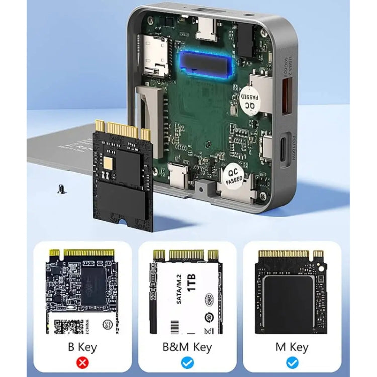 Blueendless 8-In-1 Magnetic HUB With M.2 NVMe/SATA SSD Enclosure (HDMI+PD100W+USB-C/Type-C 3.2+USB-A 3.2+SD+TF+AUX)
