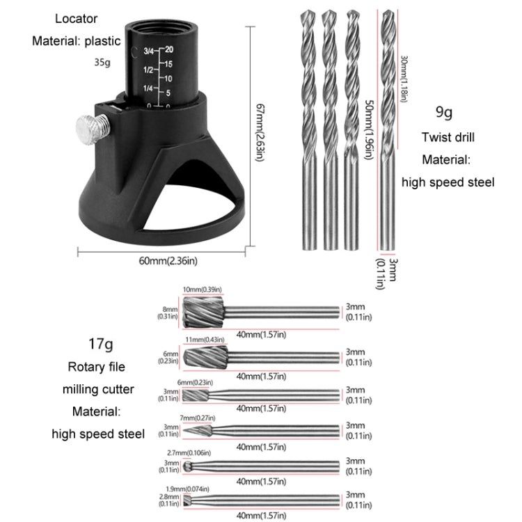 Electric Grinding Locator With 4 Twist Drill + 6 Rotary File Milling Cutter Woodwork Tool for Dremel