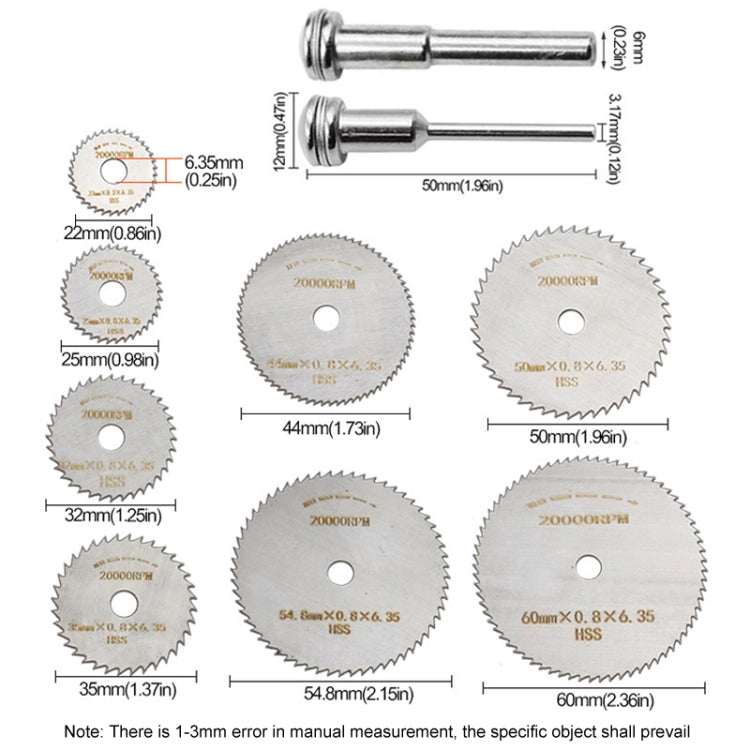 10pcs /Set High-Speed Steel Cutting Blade Multi-Size Cutting Wood PVC Electric Grinder Saw Blade Tool With 3.17mm+6mm Pole