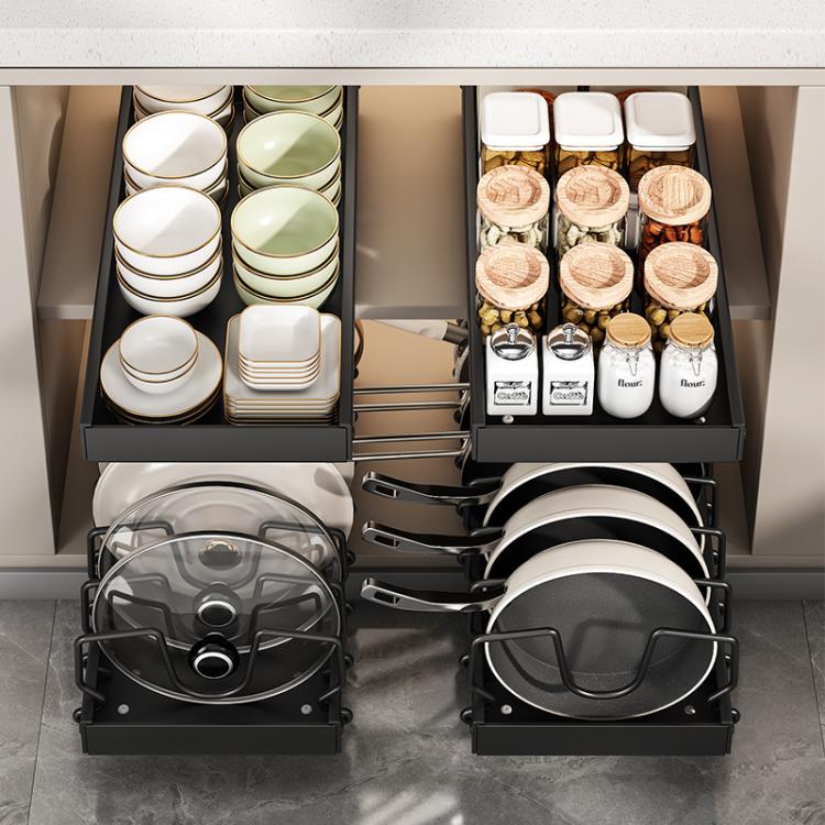 Kitchen Pull-Out Rack Pots And Pans Organizer Cabinet Countertop Dish Tray
