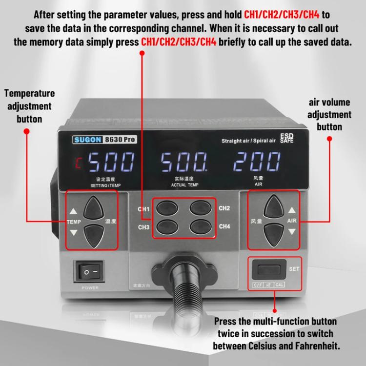 SUGON 8630 Pro Large Wind Power Cell Phone Repair CPU Digital Display Hot Air Soldering Station