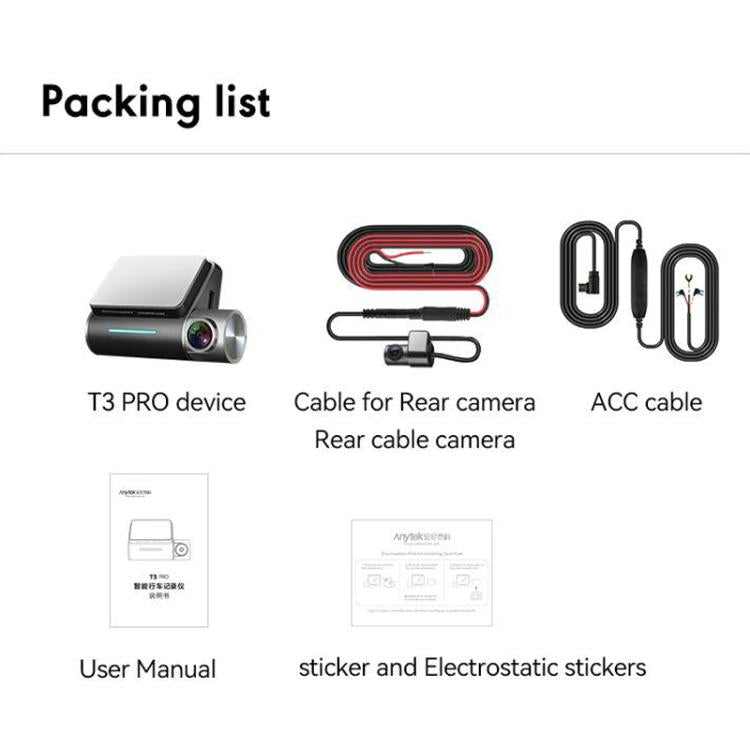 Anytek T3 PRO 2 inch 2K HD Night Vision Car Recorder Hidden Car Camera Front & Rear Dual Recording