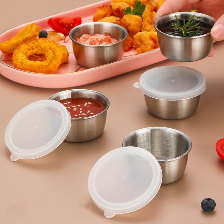 304 Stainless Steel Sauce Cup With Plastic Lid Sealed Leak-Proof Dipping Dish Seasoning Dish