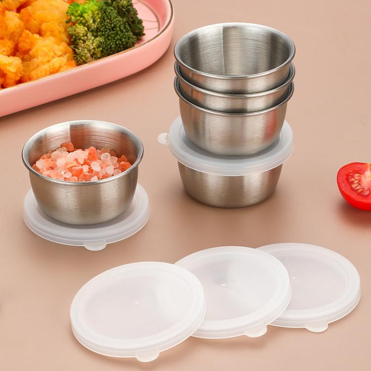 304 Stainless Steel Sauce Cup With Plastic Lid Sealed Leak-Proof Dipping Dish Seasoning Dish